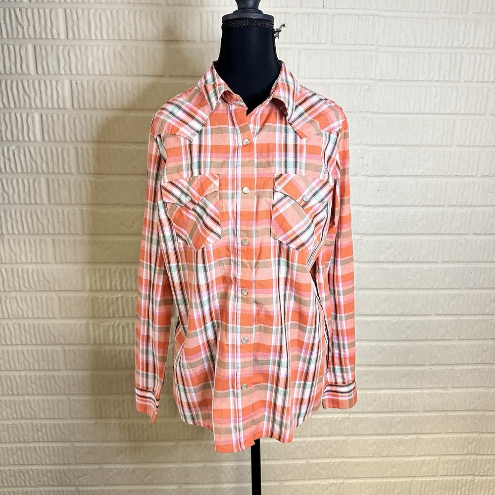 Wrangler Women's Western Blouse Sz M Pearl Snaps 2 Pockets Front Plaid Orange